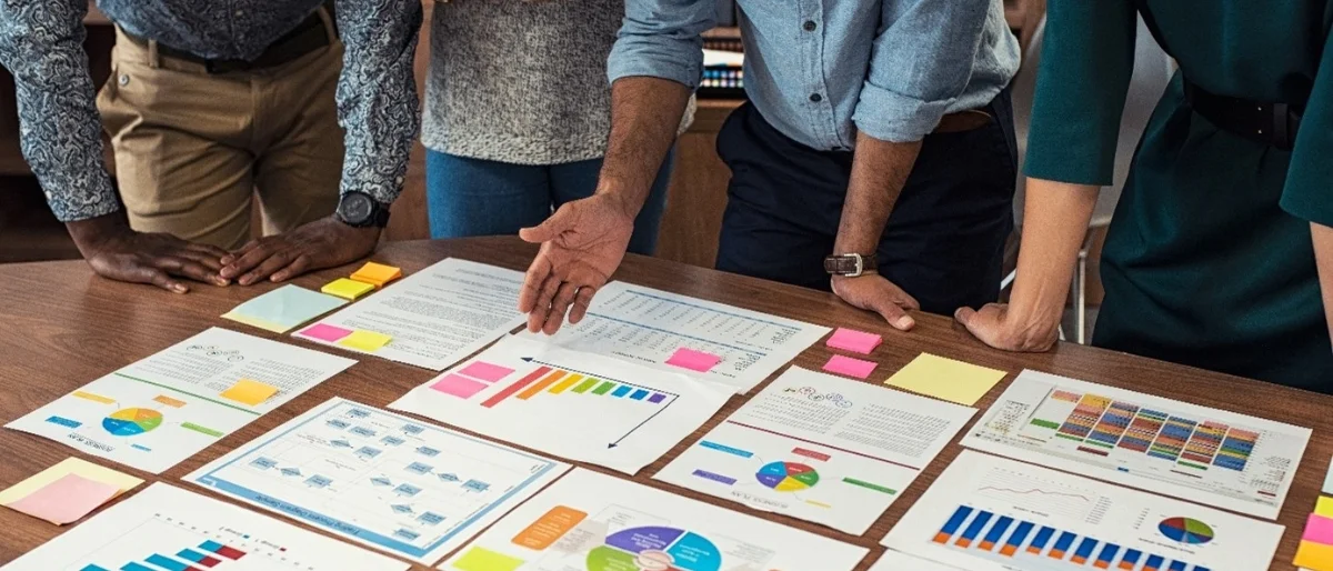Mehrere Personen diskutieren mit agilem Mindset um einen Tisch mit Post-Its, die für Agilität in der Methodik stehen.