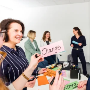 Die Trainerinnen von Carpe Verba stehen vor einer Pinnwand und sind im Austausch über das Thema "Change: Transformation gestalten und begleiten".
