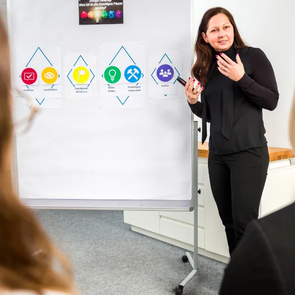 Kathrin Schloderer von Carpe Verba moderiert vor einem Flip Chart mit bunter Aufschrift zum Thema "Design Thinking kennenlernen".