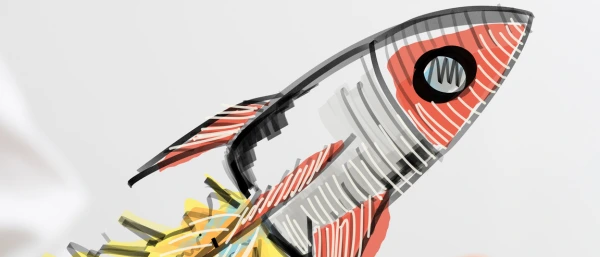 Eine skizzierte Rakete in rot und grau startet. Das Bild steht symbolisch für das Training "Growth Mindset und Innovationsfähigkeit".
