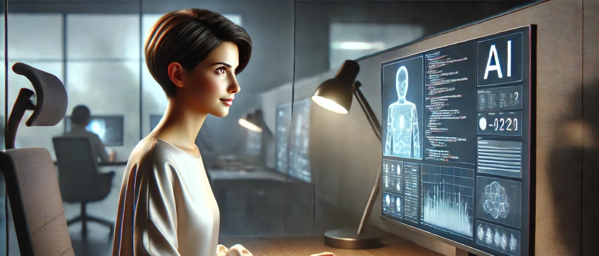 KI-generiertes Bild von einer Frau, die vor einem Bildschirm sitzt, auf dem Infos über eine Künstliche Intelligenz (Schriftzug AI) präsentiert werden.
