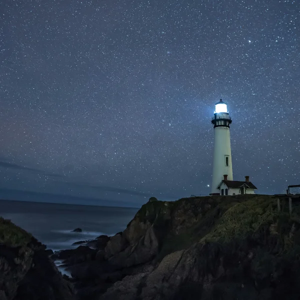 Ein Leuchtturm leuchtet im dunklen. Im Hintergrund sieht man das Meer und einen Sternenhimmel. Das Bild steht symbolisch für die Leitbildentwicklung bei Carpe Verba.