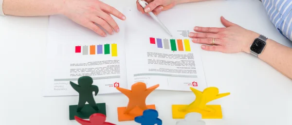 Auf dem Bild sieht man SIZE-Figuren und einen SIZE-Auswertungsbogen. Dies dient dazu, Persönlichkeiten im Team zu verstehen.