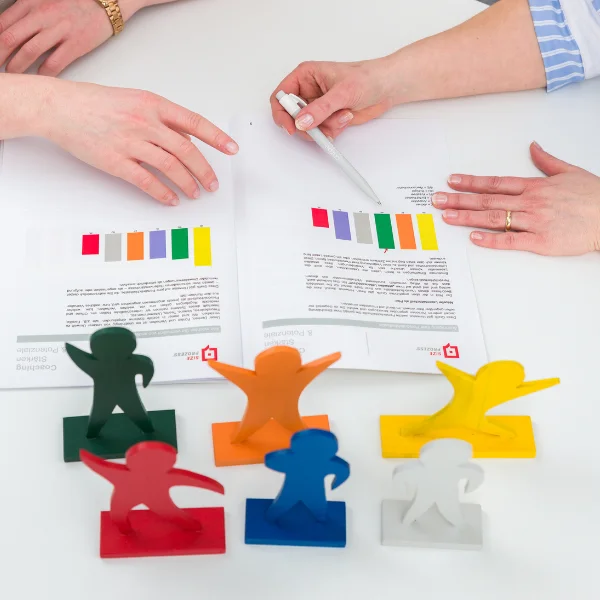 Auf dem Bild sieht man SIZE-Figuren und einen SIZE-Auswertungsbogen. Dies dient dazu, Persönlichkeiten im Team zu verstehen.