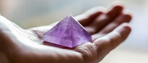 Eine Hand, die eine Amethyst-Pyramide hält - Symbol für den hohen Wert einer Pyramidalen Kommunikationskultur