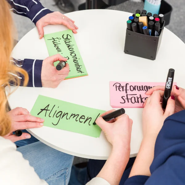 Die Trainerinnen von Carpe Verba schreiben Schlagworte auf Karten zum Thema Selbstorganisation und gemeinsame Ausrichtung.