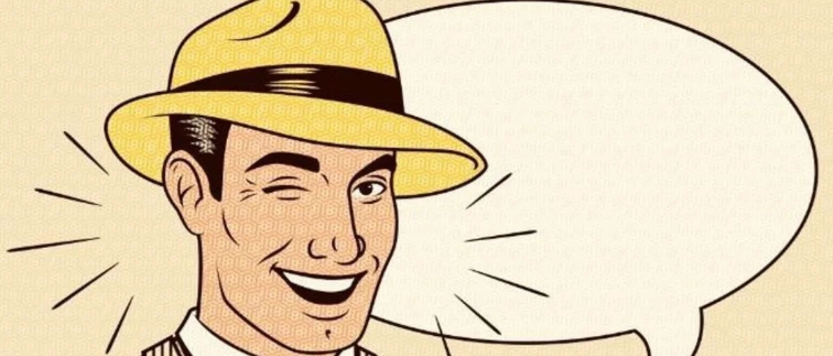 Mann im Comicstyle zwinkernd mit Sprechblase steht für gutes Storytelling.