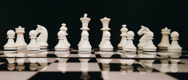 Als Symbol für das offene Seminar "Strategisch Überzeugen im Management" für Einzelbucher stehen mit Strategie ausgerichtete Schachfiguren auf einem Feld