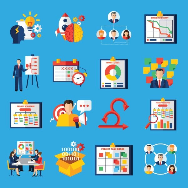 Illustration von agilen Prinzipien und Methoden – Visualisierung von Projektmanagement, Scrum, Teamarbeit, kontinuierlicher Verbesserung und flexiblen Arbeitsabläufen.