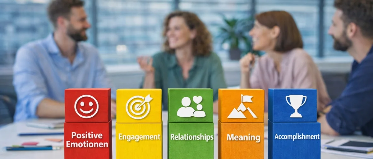 Auf fünf Säulen sind die 5 Säulen von PERMA, einem Modell aus der Positiven Psychologie, abgebildet: positive Emotions, Engagement, Relationships, Meaning und Accomplishment tragen zu einer positiven Führung und höherer Leistung bei